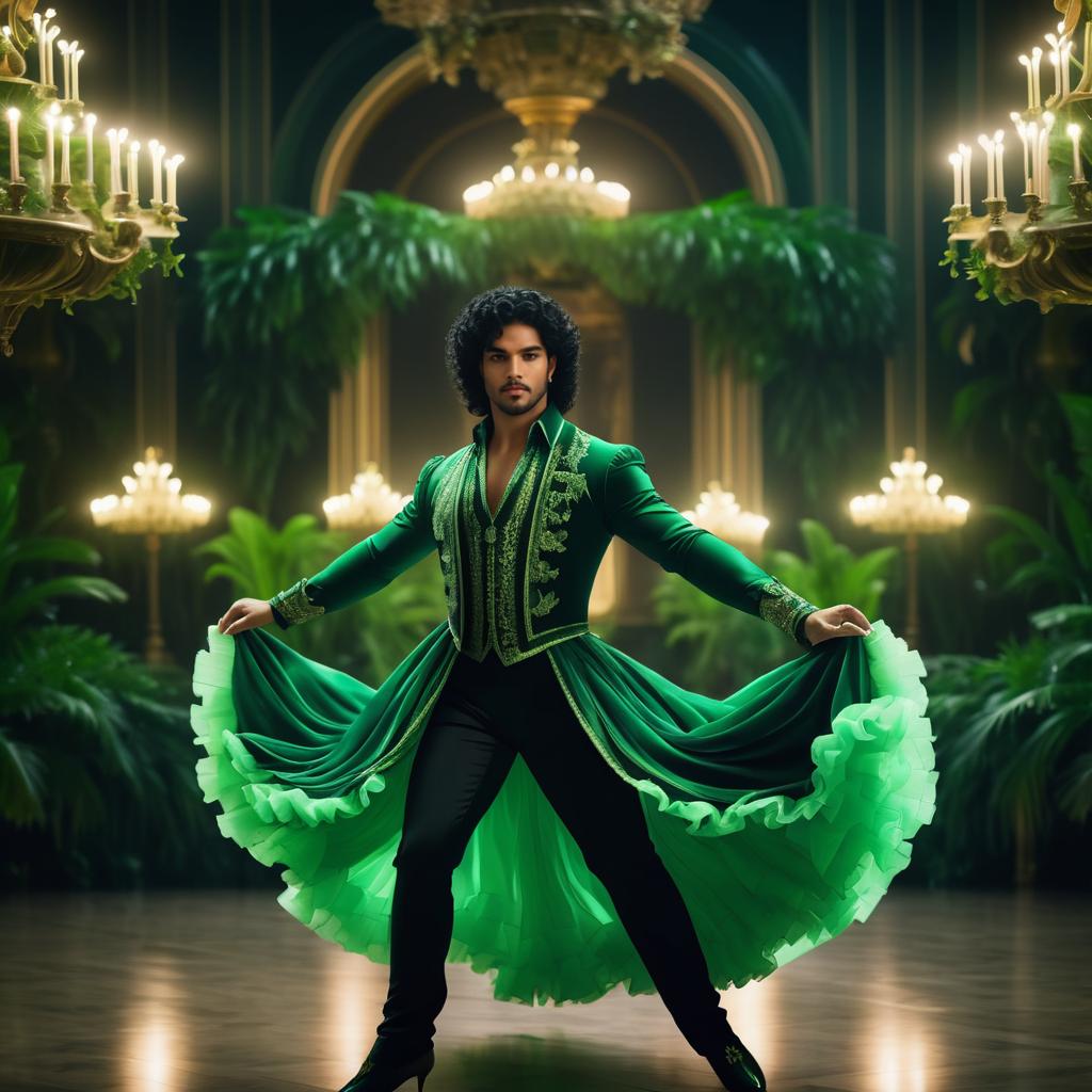 Man in Extravagant Green Costume in Lavish Ballroom