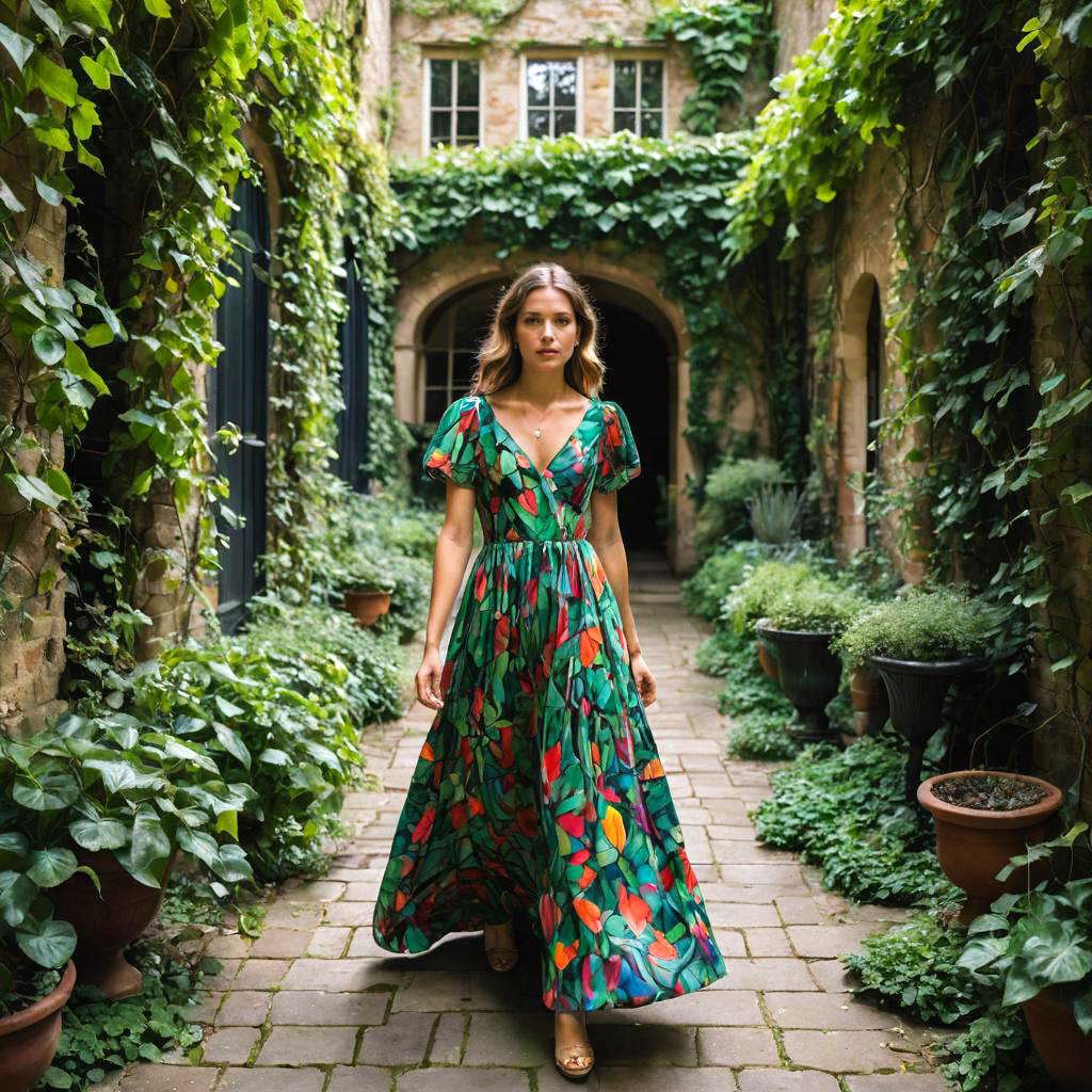 Woman in Floral Dress Strolling in Garden