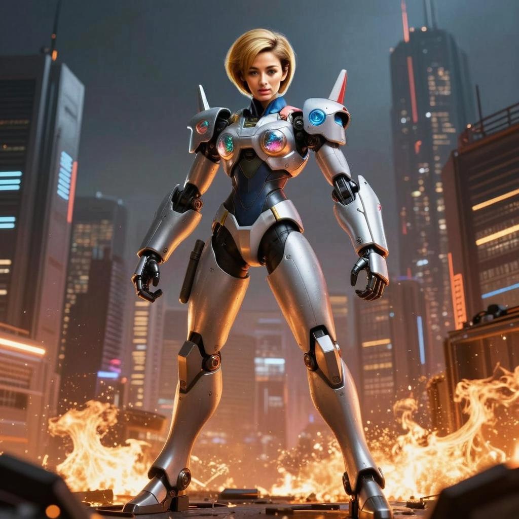 Futuristic Cyberpunk Woman in Robotic Armor Amid City Flames