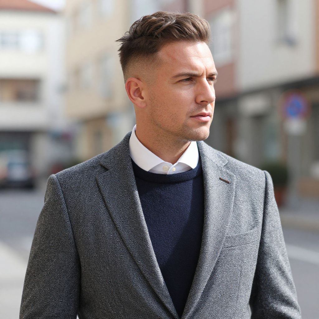Stylish Young Man Wearing Grey Blazer and Navy Sweater in Urban Setting