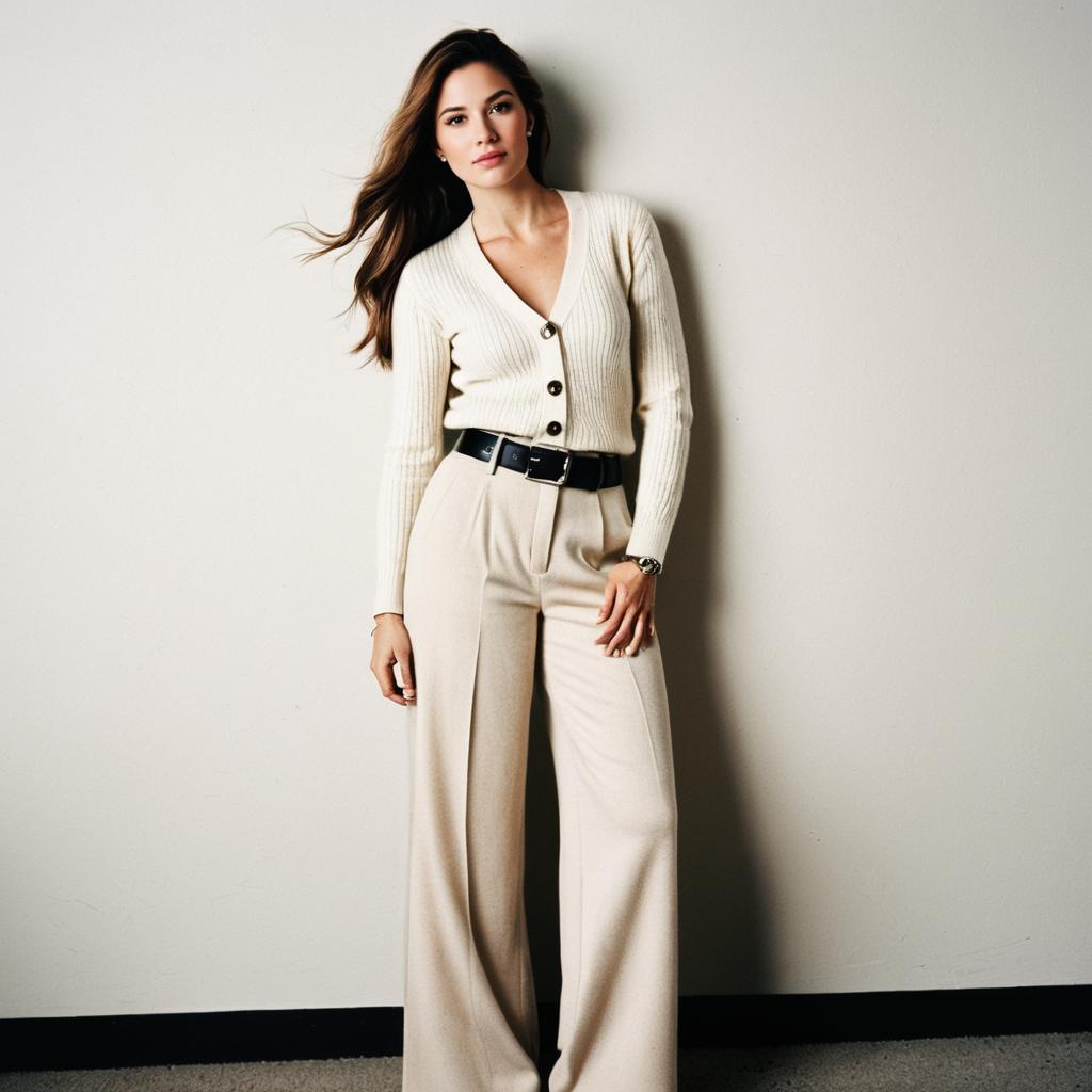 Stylish Woman in Cream Ribbed Cardigan and Wide-Leg Trousers