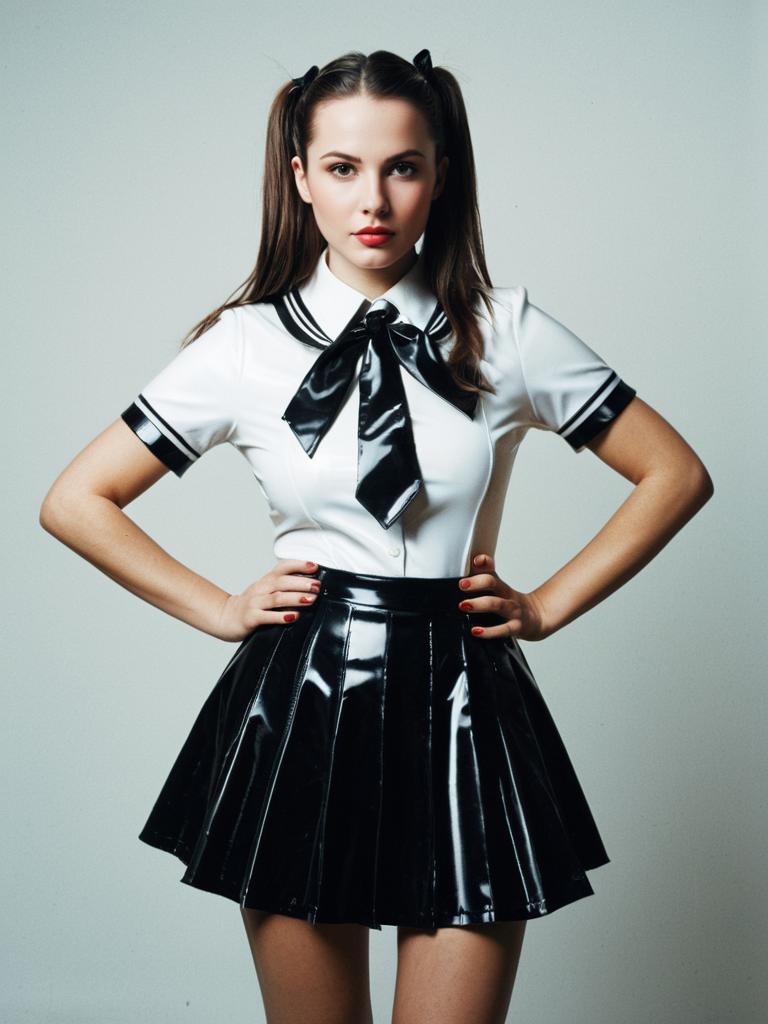 Woman in Detailed Photorealistic Latex Schoolgirl Costume Studio Portrait