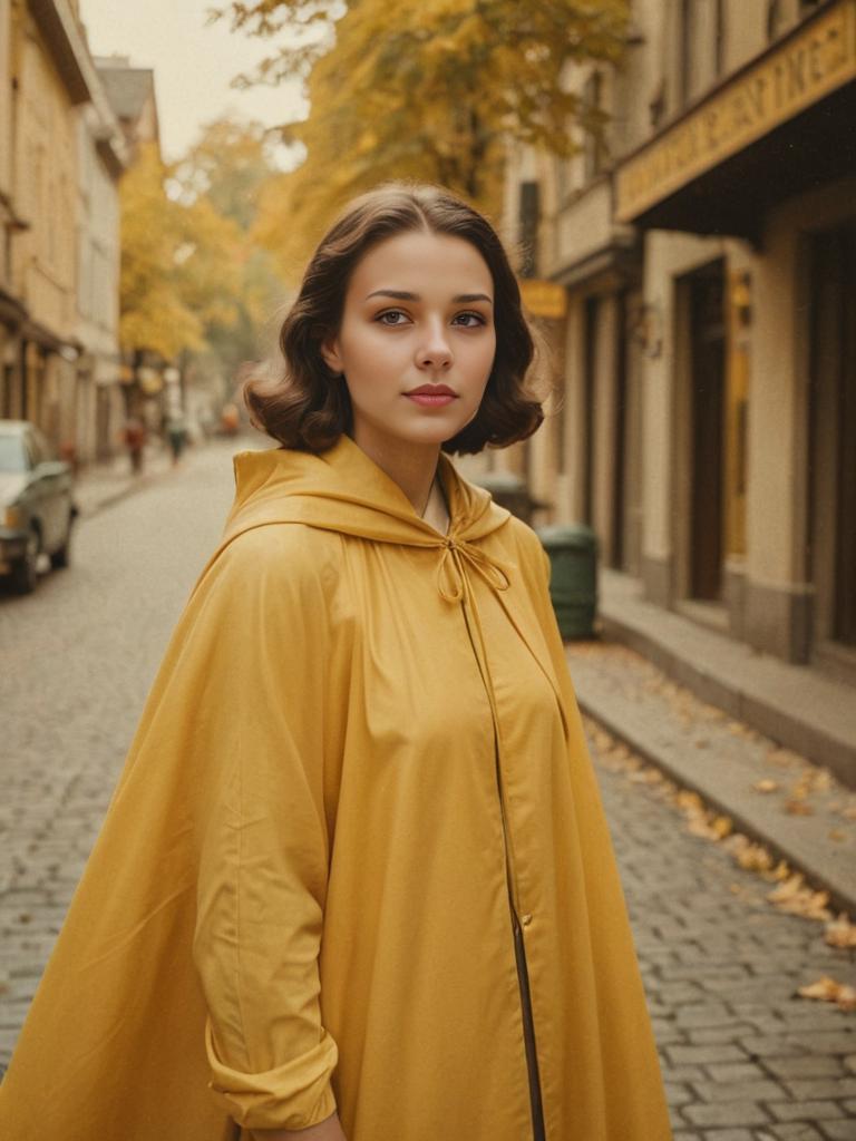 Vintage Elegance: Woman in Yellow Cape