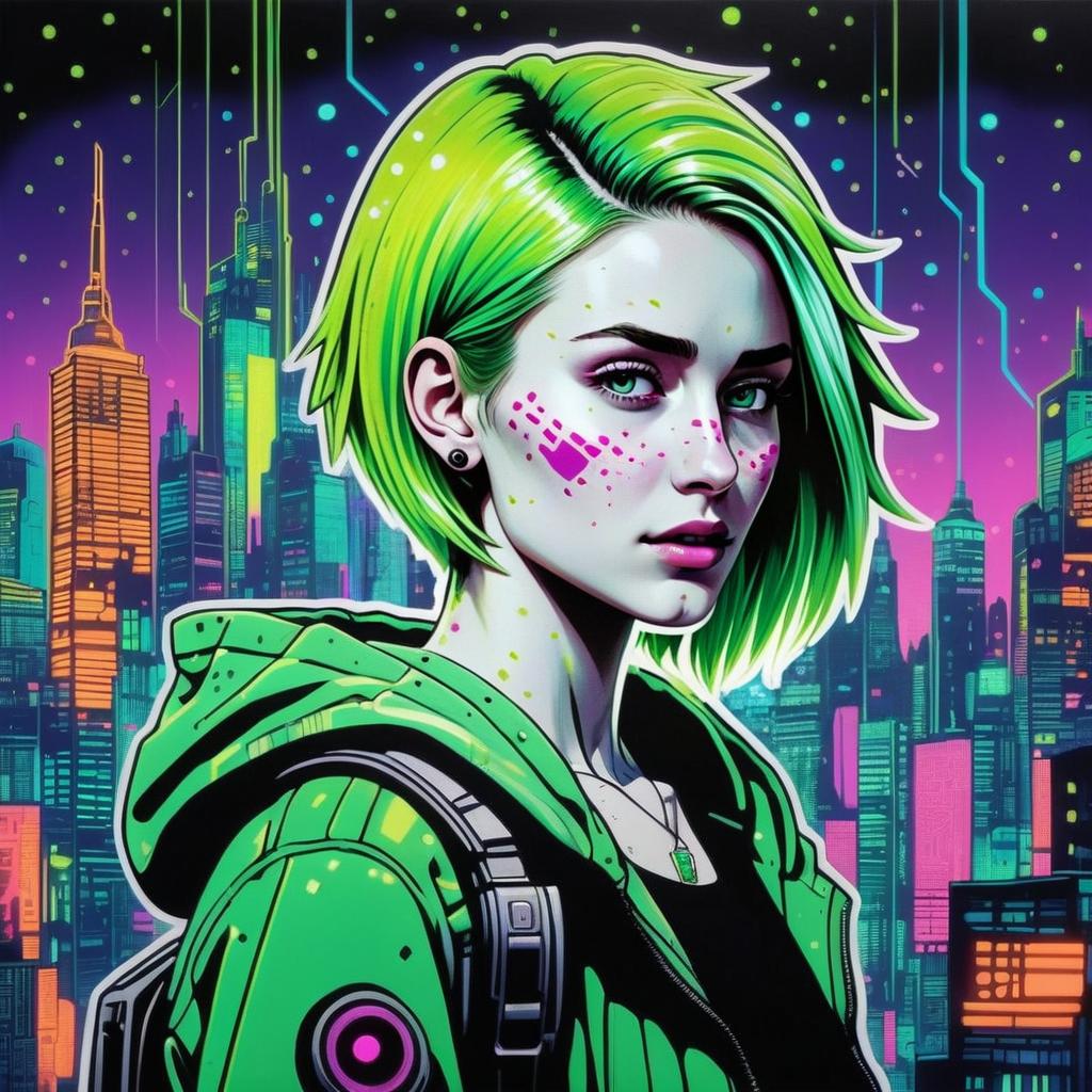Young Woman with Green Hair in Cyberpunk City