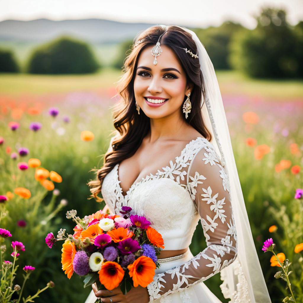 Radiant bride in elegant gown in flower field