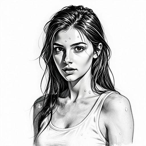 Realistic Black and White Digital Portrait of Young Woman with Wet Hair