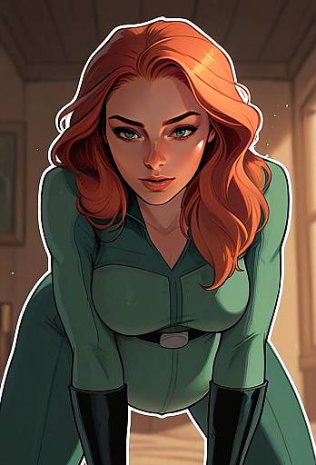 Red-Haired Woman in Green Jumpsuit Digital Comic Art