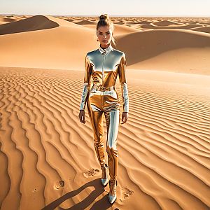 Confident Woman in Metallic Gold Jumpsuit in Desert