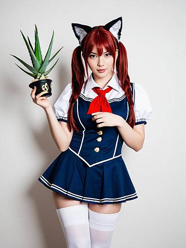 Cosplay Woman in Sailor School Uniform Holding Aloe Plant with Cat Ears