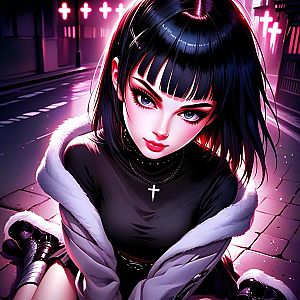 Young Woman in Stylish Black Outfit with Neon City Background