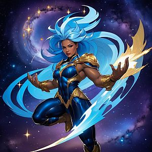Heroic Woman with Blue Hair in Cosmic Armor