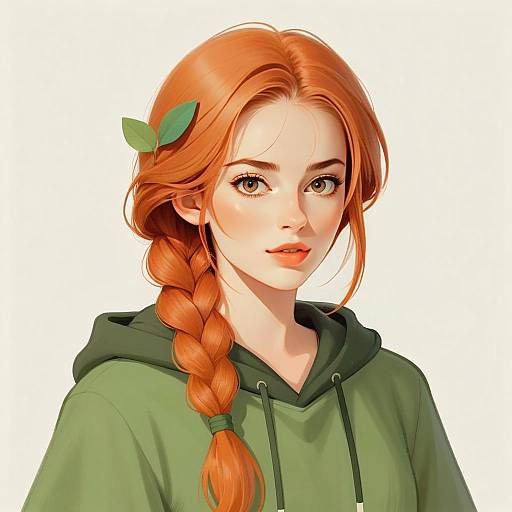 Red Haired Woman in Green Hoodie Anime Style Portrait