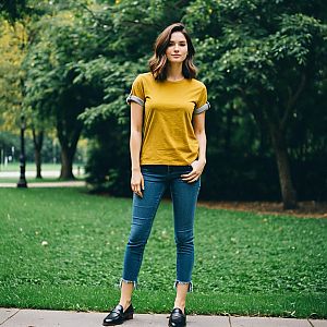 Young Woman in Mustard Yellow T-Shirt and Blue Jeans Standing in Park