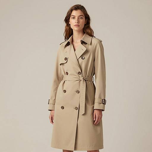 Classic Beige Trench Coat Worn by Woman in Minimalist Studio