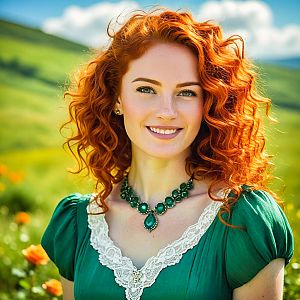 Smiling Red-Haired Woman in Green Dress Outdoors