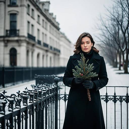 Woman in Black Winter Coat Holding Pine Branch on Snowy Urban Street