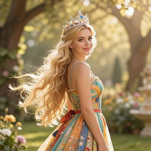 Blonde Woman in Colorful Dress with Jeweled Crown in Sunlit Garden