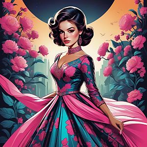 Stunning Woman in Retro Floral Gown Surrounded by Pink Flowers