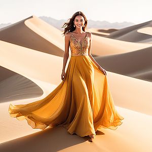 Woman in Yellow Gown Walking Through Sand Dunes