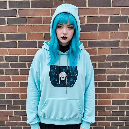 Woman with Turquoise Hair Wearing Light Blue Hoodie with Cosmic Skull Design