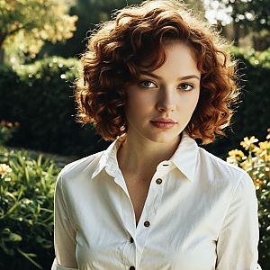 Portrait of Woman with Curly Red Hair in Garden with White Shirt