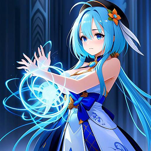 Anime Woman with Blue Hair Casting Magic in Elegant Blue and White Outfit