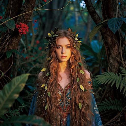 Fantasy Portrait of Woman in Leaf Crown and Ornate Dress in Forest