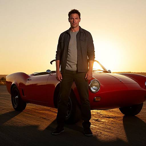 Man Standing by Classic Red Convertible Car at Sunset