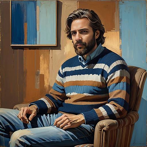 Portrait of Man in Striped Sweater Sitting in Armchair with Abstract Background