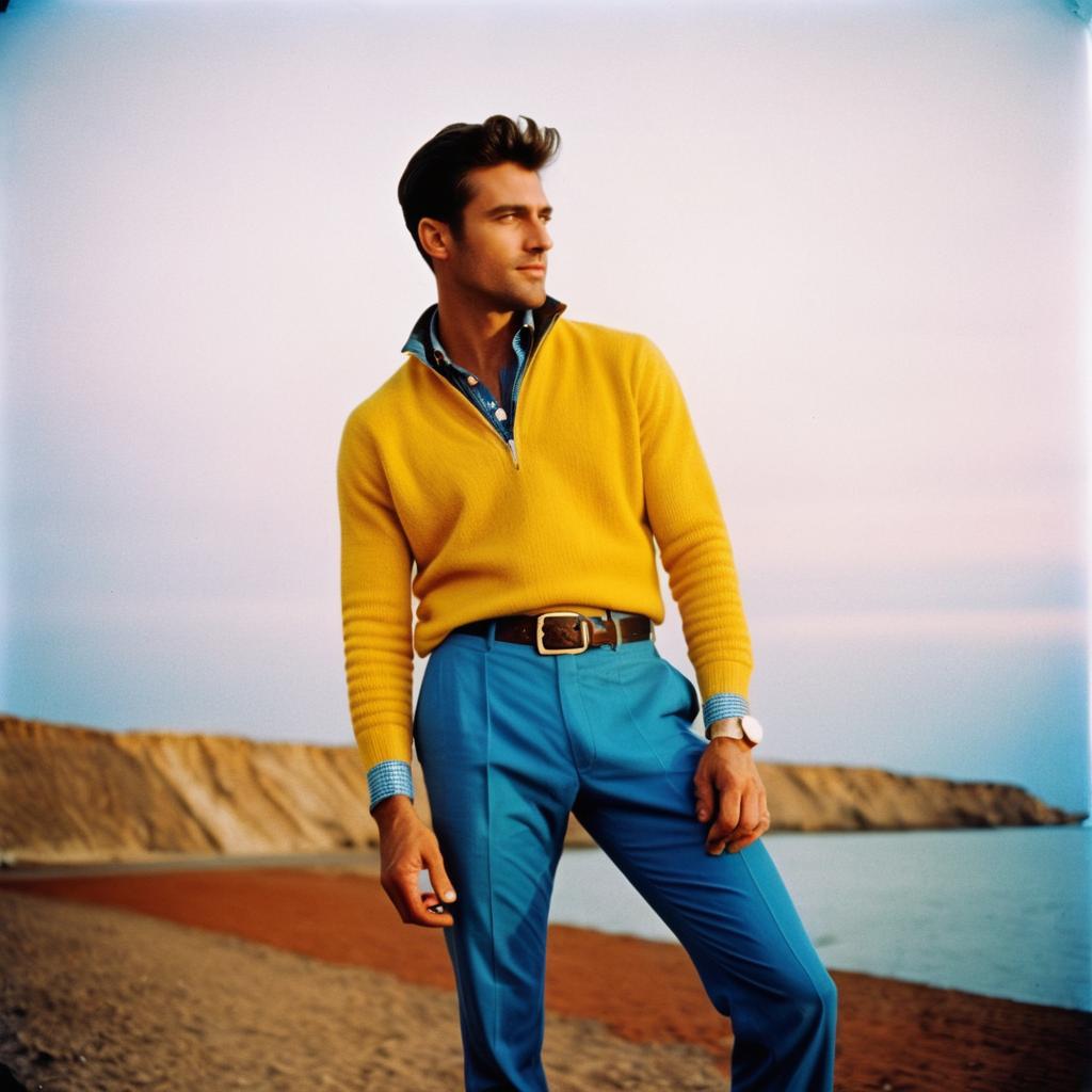 Confident man in yellow sweater on beach at golden hour Confident man in yellow sweater on beach at golden hour
