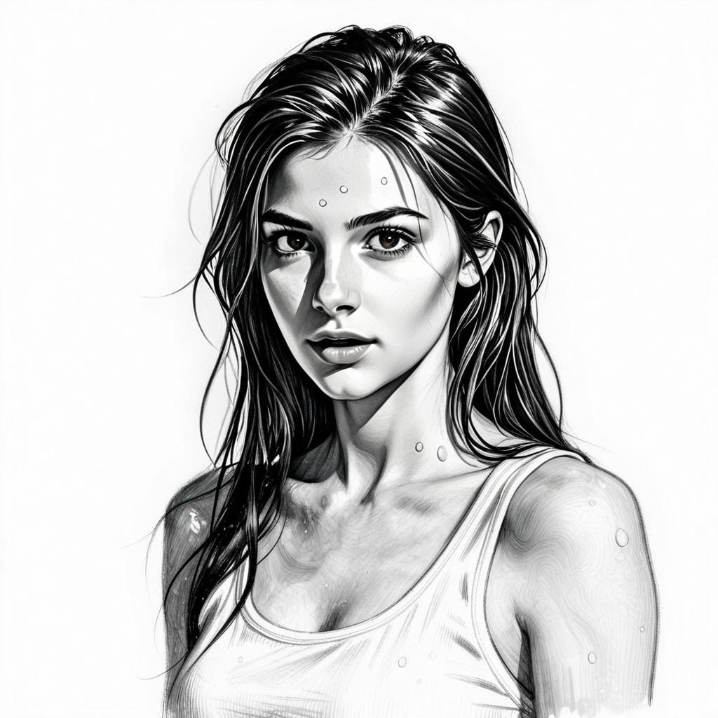 Realistic Black and White Digital Portrait of Young Woman with Wet Hair