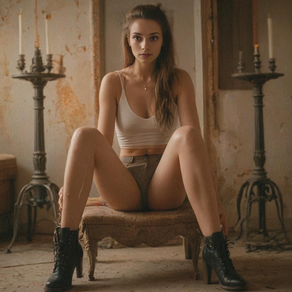 Young Woman in Antique Chair in Abandoned Room