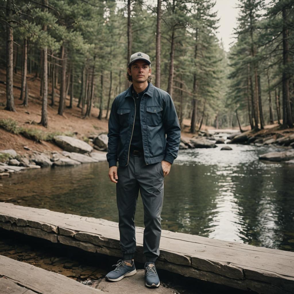 Confident Man on Wooden Bridge in Serene Forest