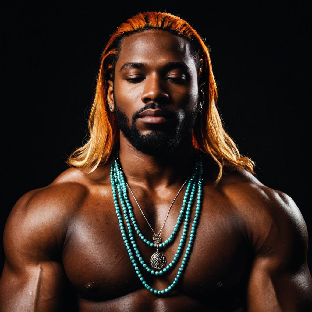 Muscular Man with Orange Hair Wearing Turquoise Bead Necklaces