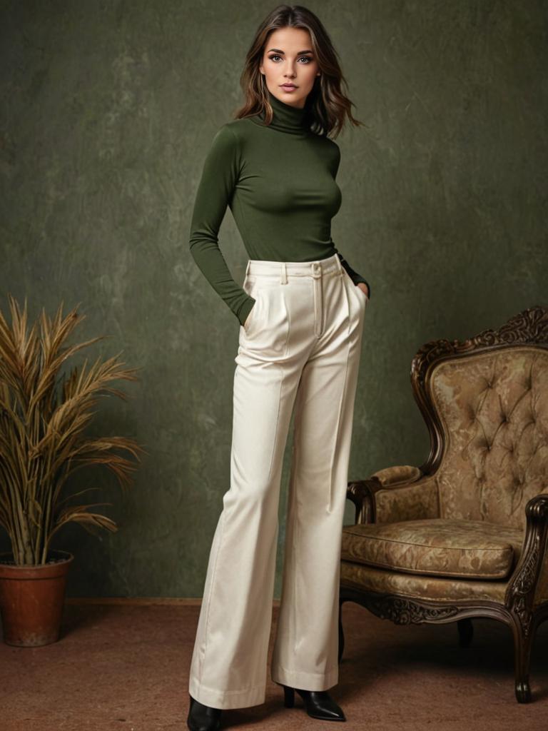 Stylish Woman in Green Turtleneck and Beige Trousers