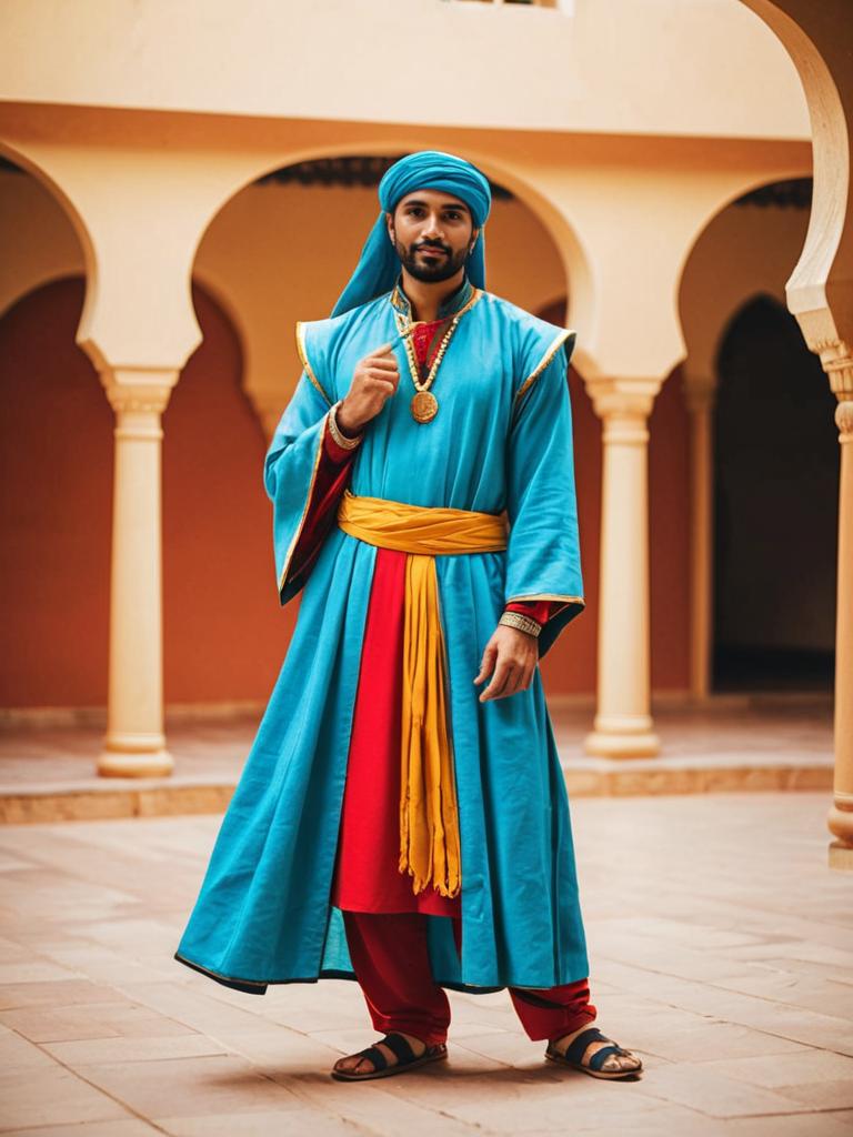 Man in Traditional Arabian Ali Baba Costume in Historic Courtyard