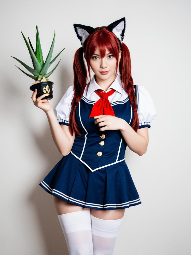 Cosplay Woman in Sailor School Uniform Holding Aloe Plant with Cat Ears