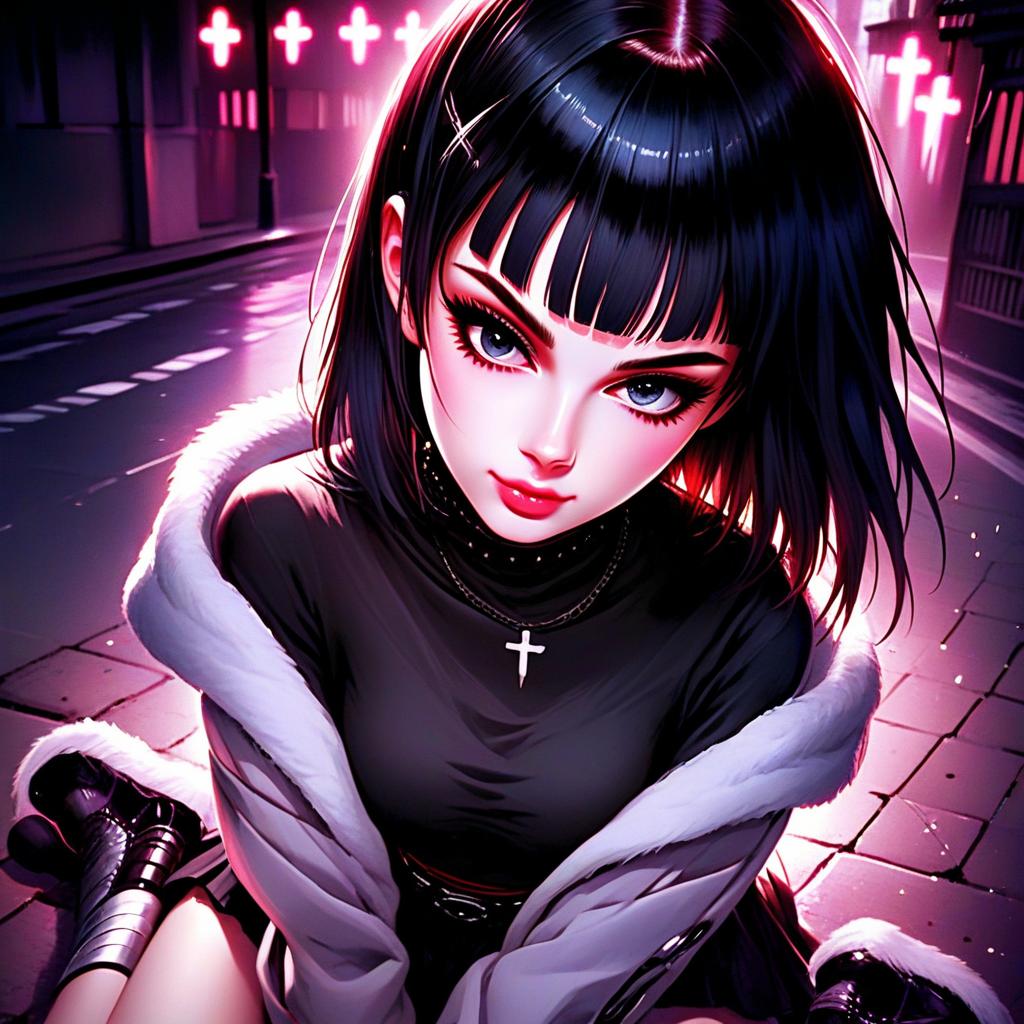 Young Woman in Stylish Black Outfit with Neon City Background Young Woman in Stylish Black Outfit with Neon City Background