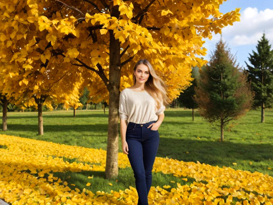 Stylish woman in autumn landscape