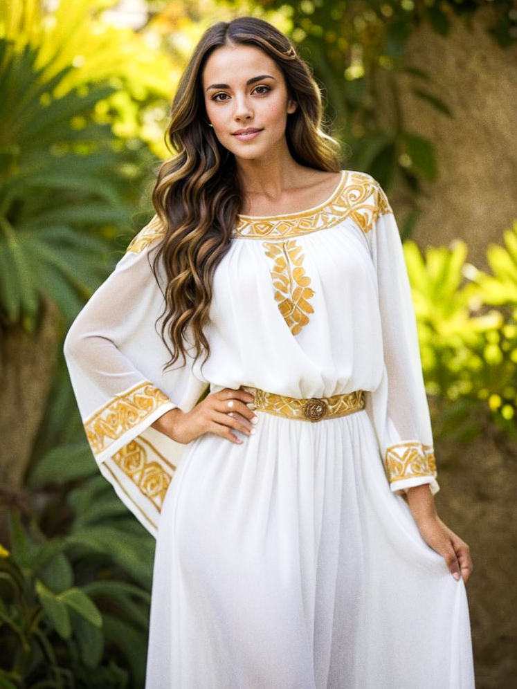 Woman in Elegant White Gown with Golden Embroidery