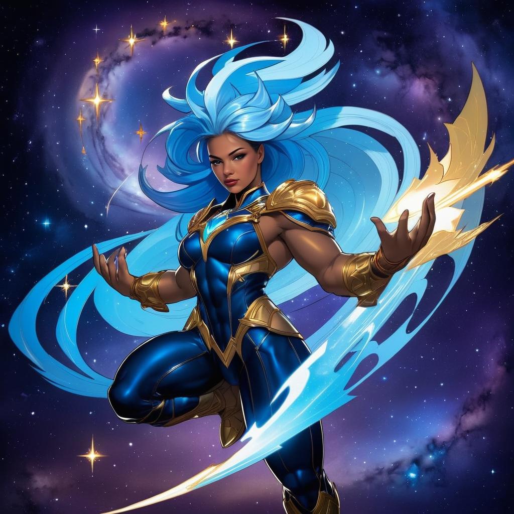 Heroic Woman with Blue Hair in Cosmic Armor
