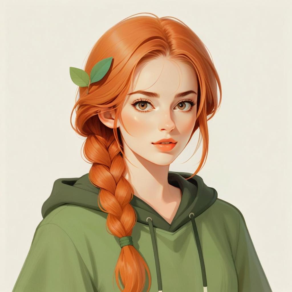 Red Haired Woman in Green Hoodie Anime Style Portrait