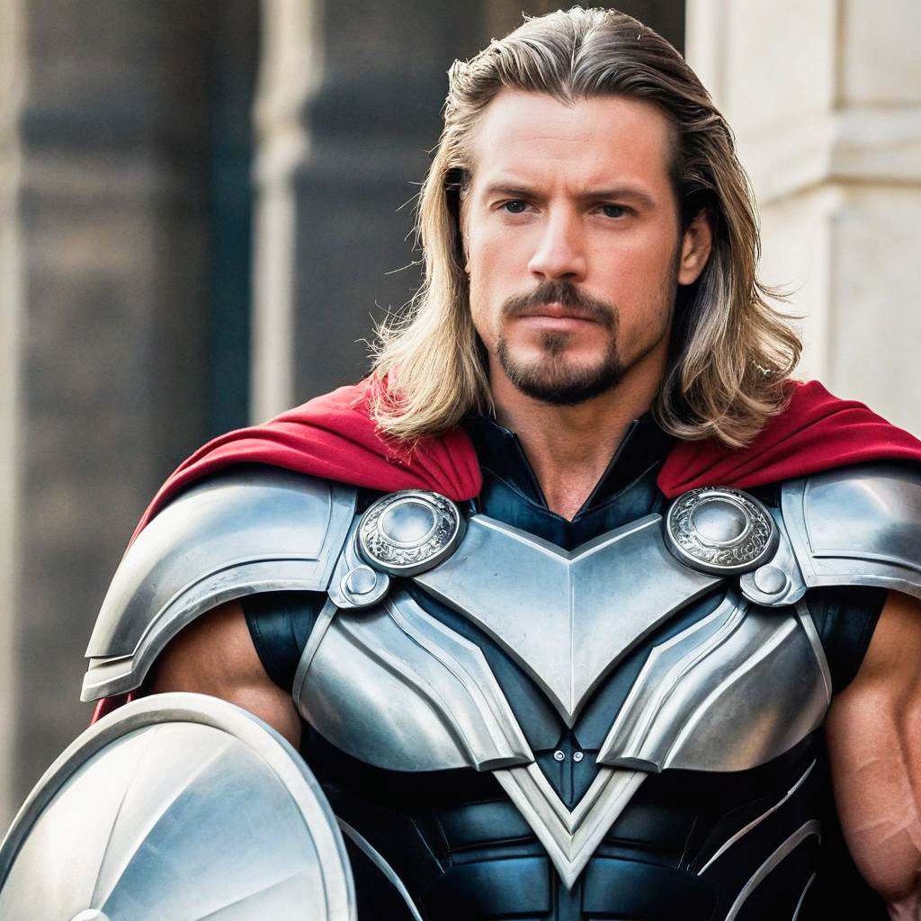 Heroic Man in Silver Armor with Red Cape