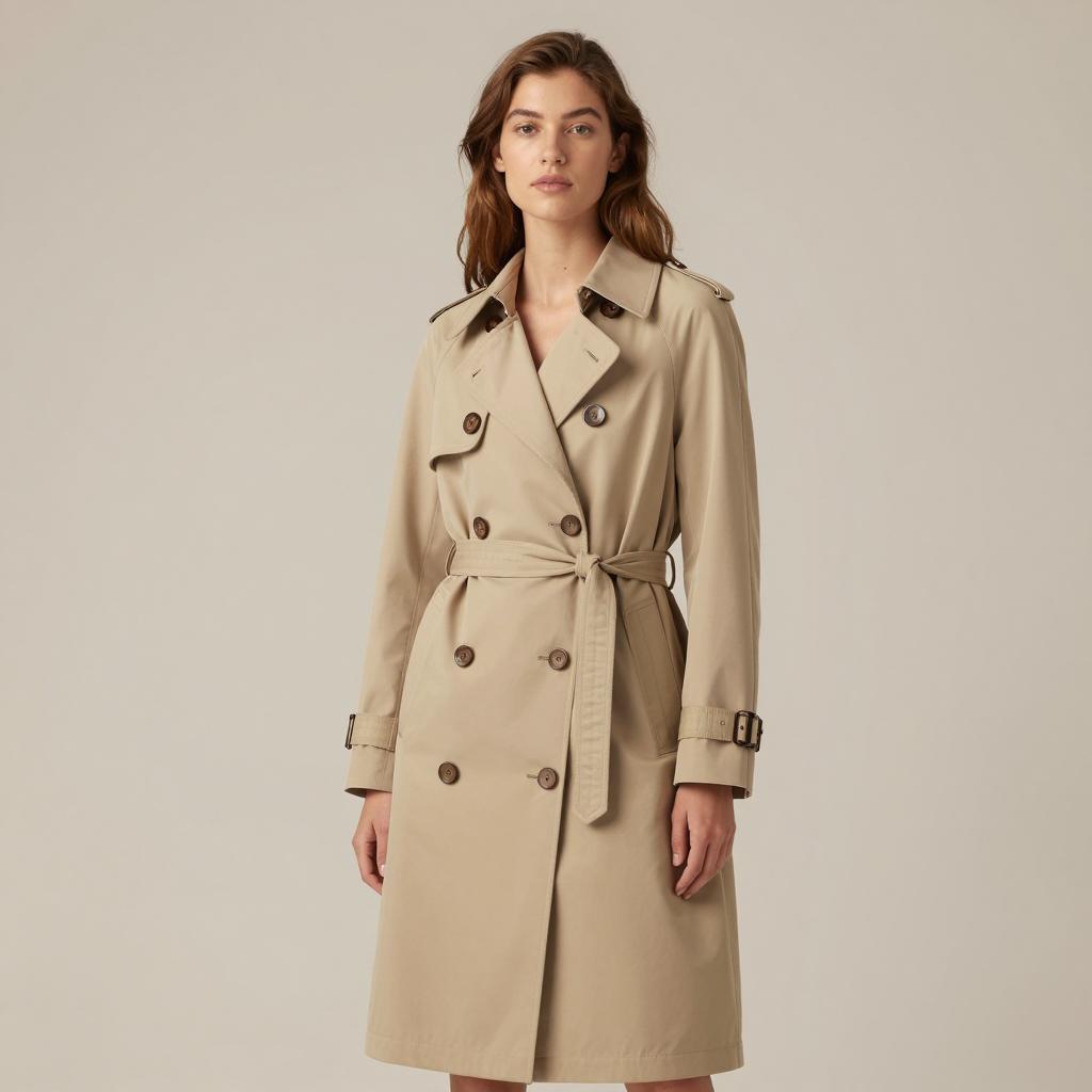Classic Beige Trench Coat Worn by Woman in Minimalist Studio