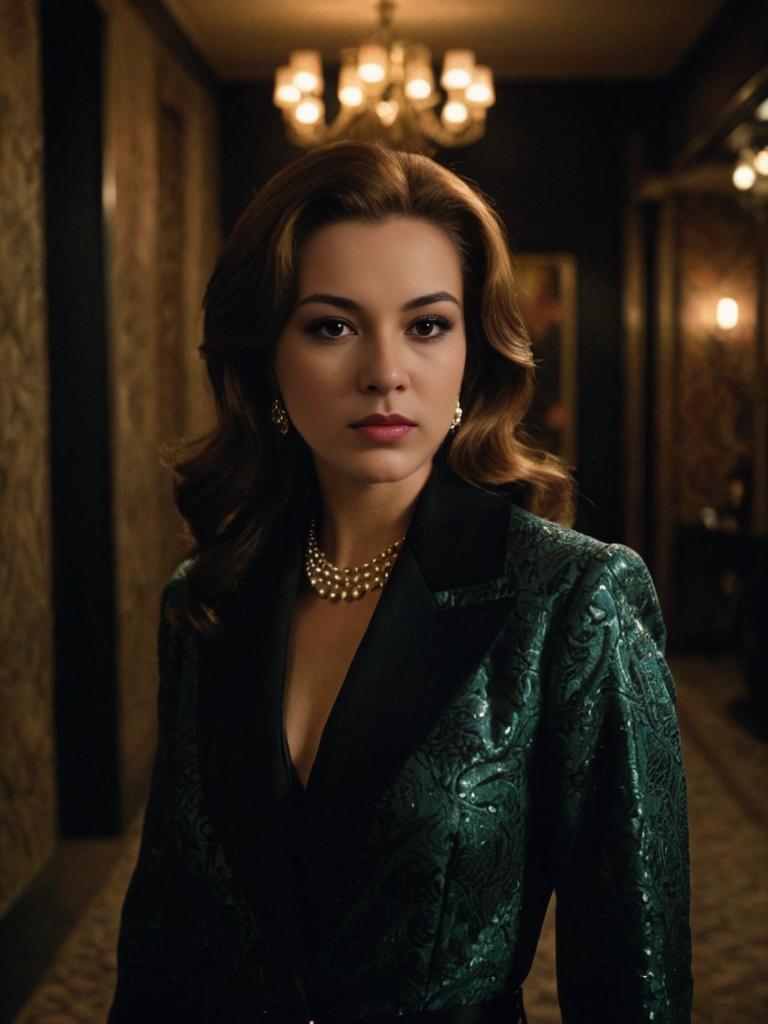 Elegant Woman in Dark Green Brocade Jacket with Pearls