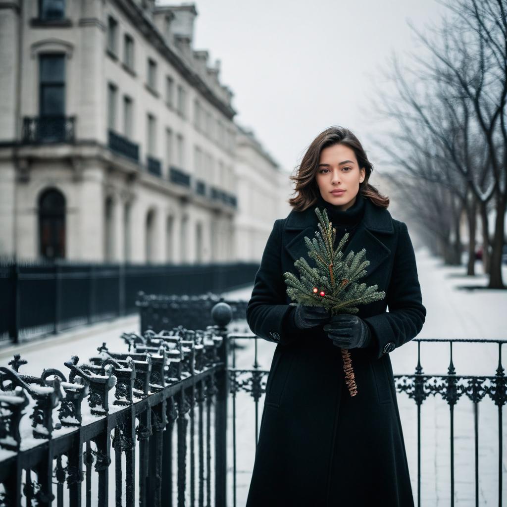 Woman in Black Winter Coat Holding Pine Branch on Snowy Urban Street