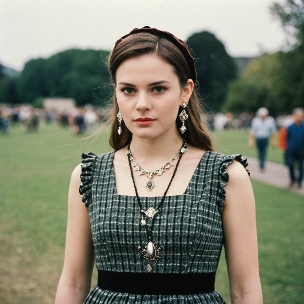 Young Woman in Vintage Plaid Dress Outdoors