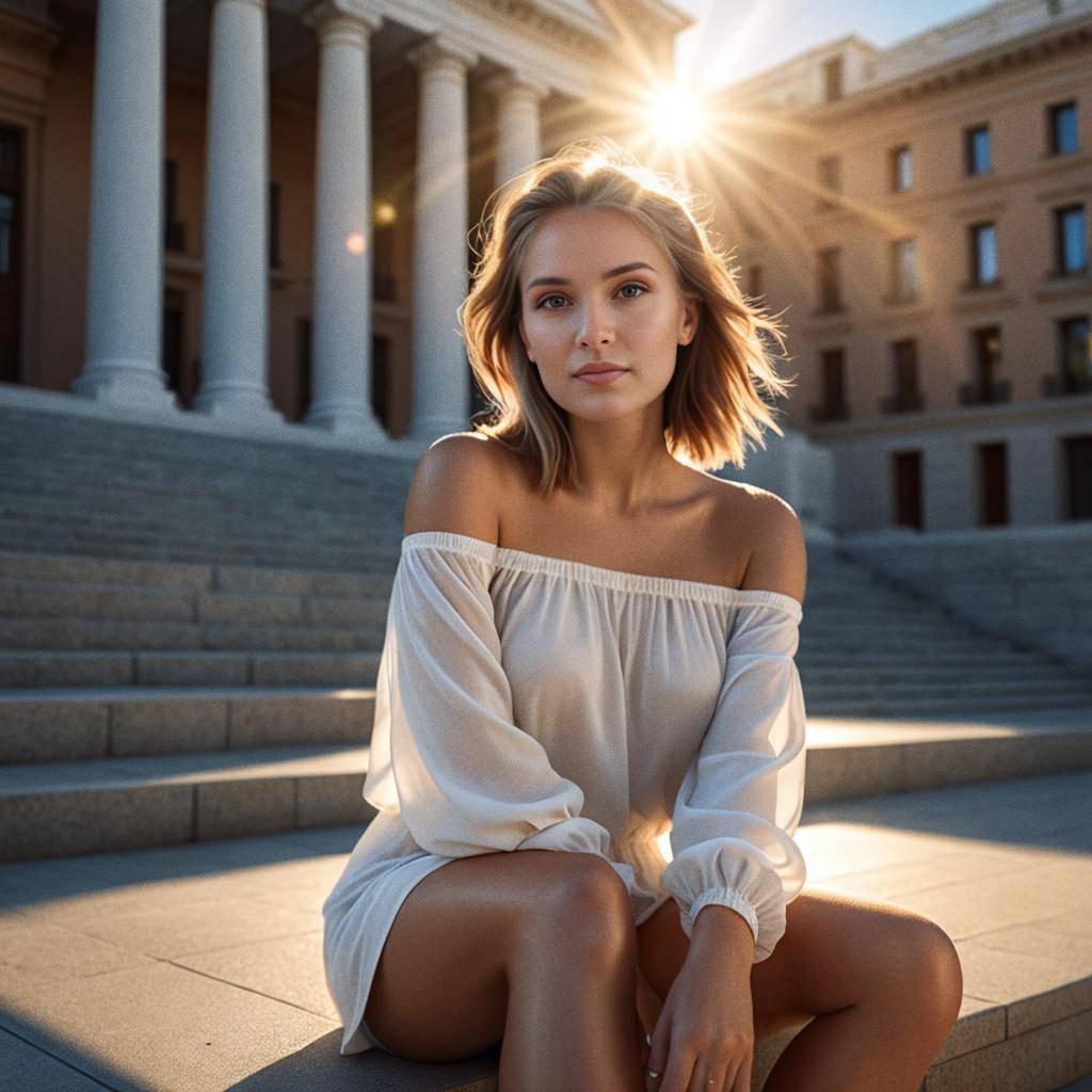 Young Woman on Grand Steps at Sunset