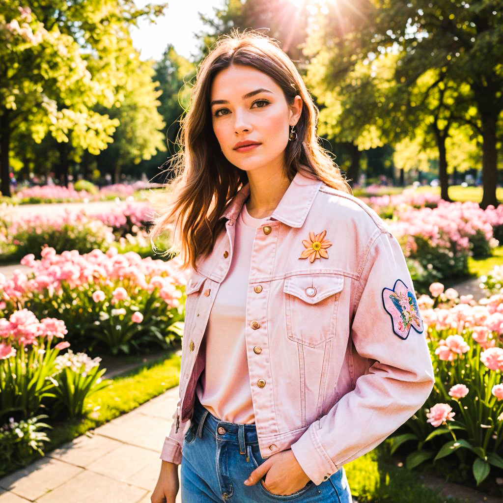 Confident Young Woman in Floral Denim Jacket in Sunlit Park