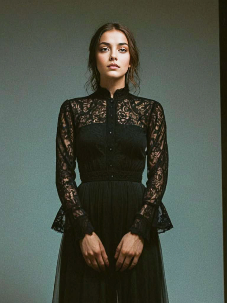 Elegant Woman in Black Lace Dress